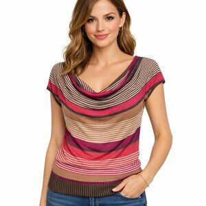 Vintage bebe Y2K Striped Cowl Neck Draped Knit Top Cap Sleeve Sweater XS